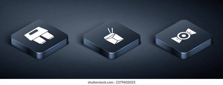 Set Isometric Coffee cup to go, Candy and Asian noodles chopsticks icon. Vector