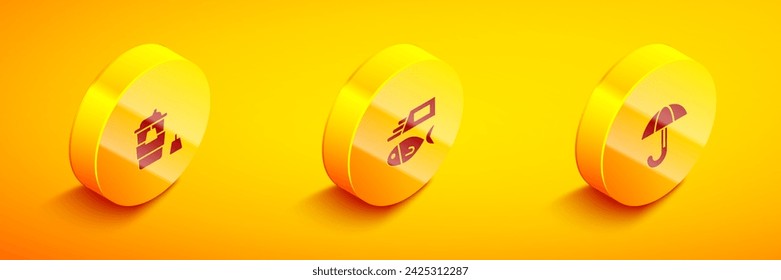 Set Isometric Coffee cup to go, Fish and chips and Umbrella icon. Vector