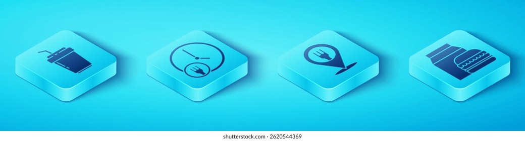 Set Isometric Coffee cup to go, Round the clock delivery, Online ordering and burger delivery and Cafe and restaurant location icon. Vector