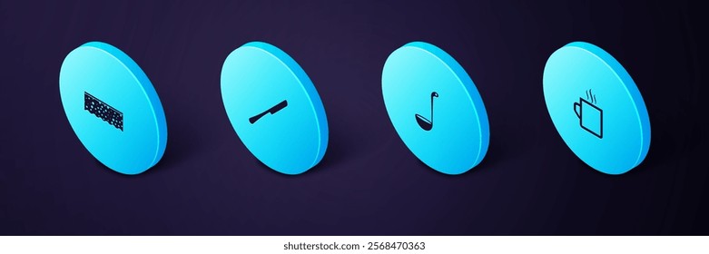 Set Isometric Coffee cup, Kitchen ladle, Knife and Sponge with bubbles icon. Vector