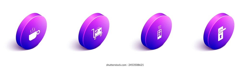 Set Isometrische Kaffeetasse, Koffer, Fernbedienung und Türgriff Symbol. Vektorgrafik
