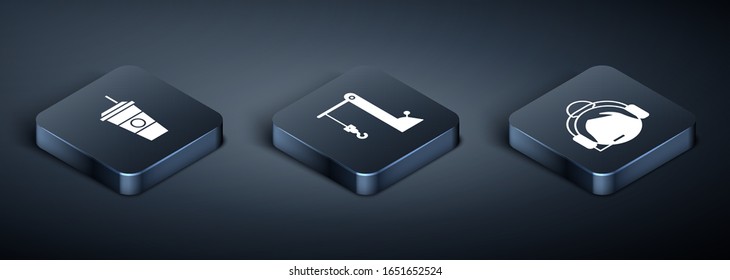 Set Isometric Coffee cup , Support operator in touch and Harbor port crane icon. Vector
