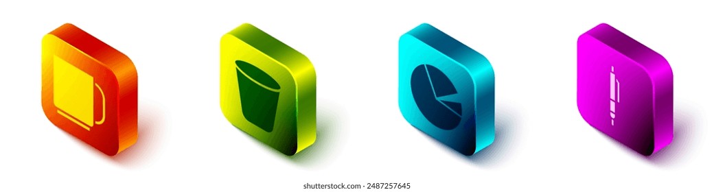 Set Isometric Coffee cup, Trash can, Pie chart infographic and Pen icon. Vector