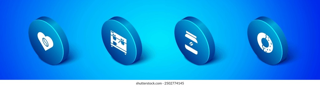 Set Isometric Coffee Lovers, jar bottle, Donut with sweet glaze and machine icon. Vector