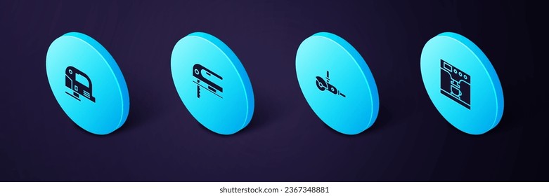 Set Isometric Coffee machine and cup, Angle grinder, Electric jigsaw and  icon. Vector