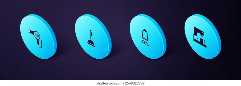 Set Isometric Coffee machine, Office chair, Rubber plunger and Hair dryer icon. Vector