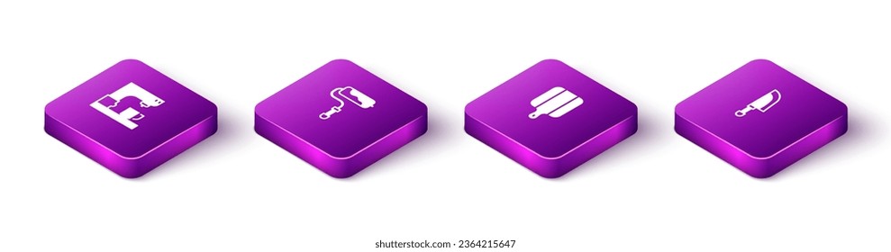 Set Isometric Coffee machine, Paint roller brush, Cutting board and Knife icon. Vector