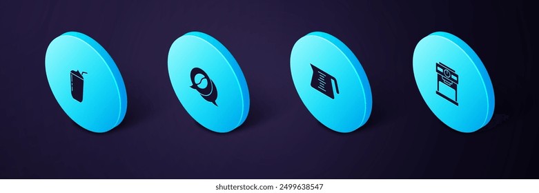 Set Isometric Coffee machine, pot, and conversation and Milkshake icon. Vector