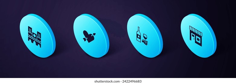 Set Isometric Coffee shop, Wine bottle with cheese, Amour heart and arrow and Notre Dame icon. Vector