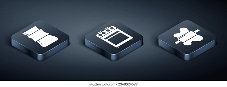 Set Isometric Coffee turk, Rolling pin on dough and Oven icon. Vector