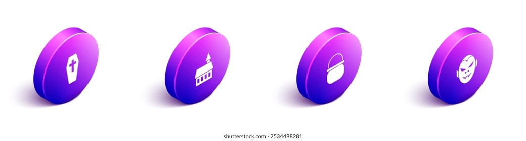 Conjunto de ataúd isométrico con cruz, castillo, caldero de bruja de Halloween e icono de vampiro. Vector