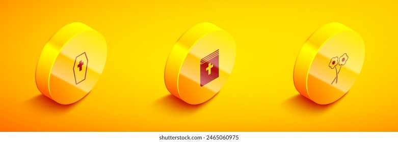 Set Isometric Coffin with cross, Holy bible book and Flower icon. Vector