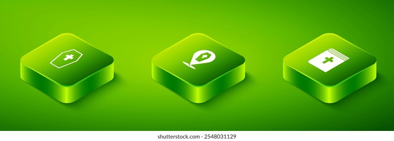Set Isometric Coffin with cross, Holy bible book and  icon. Vector