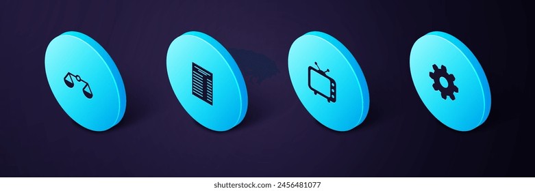 Set Isometric Cogwheel gear settings, Television tv, Paper or financial check and Scales of justice icon. Vector