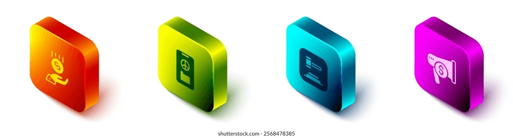 Set Isometric Coins on hand - minimal wage, Peace, Judge gavel and Megaphone dollar icon. Vector