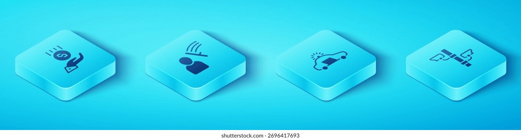 Set Isometric Coins on hand - minimal wage, Police beat human, Security camera and car flasher icon. Vector