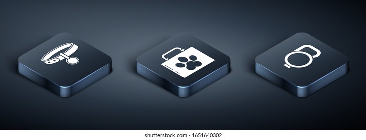 Coloque el collar isométrico con la etiqueta de nombre, la correa del cable retráctil e icono del kit de primeros auxilios de la mascota. Vector