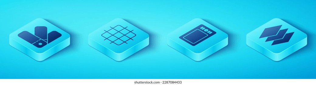 Set Isometric Color palette guide, Grid graph paper, Layers and Graphic tablet icon. Vector