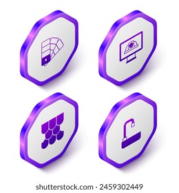 Set Isometric Color palette guide, Worker safety helmet, Roof tile and Washbasin icon. Purple hexagon button. Vector