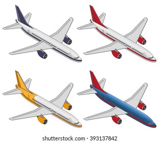 Set isometric color plane on a white background. Flat 3d isometric passenger plane. Large passenger Airplane 3d isometric illustration.