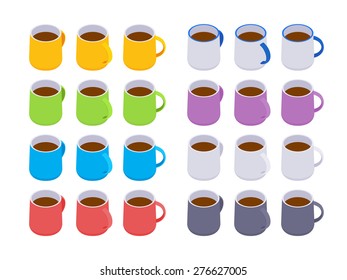 Set of the isometric colored coffee mugs. The objects are isolated against the white background and shown from different sides