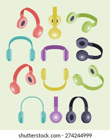 Set of the isometric colored headphones. The objects are isolated against the white background and shown from different sides