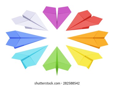 Set of the isometric colored paper planes. The objects are isolated against the white background and shown from different sides