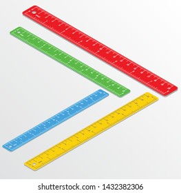 Set of isometric colorful rulers isolated on white background. Double side measuring tool marked in inches and cm. Flat design for school and business