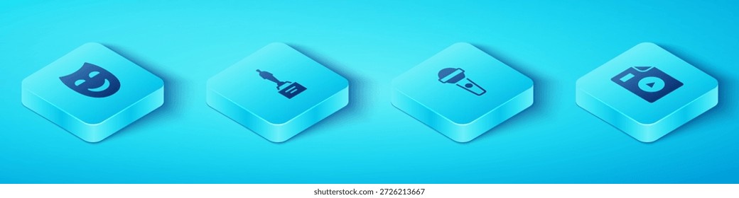 Set Isometric Comedy theatrical mask, Movie trophy, AVI file document and Microphone icon. Vector