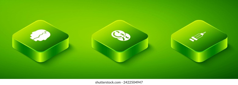 Set Isometric Comedy and tragedy masks, Addiction to the drug and Bipolar disorder icon. Vector