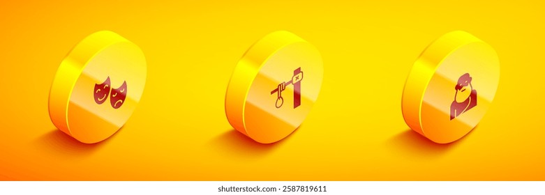 Set Isometric Comedy and tragedy masks, Gallows and Socrates icon. Vector
