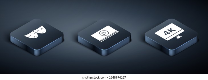 Set Isometric Comedy and tragedy theatrical masks , Computer PC monitor with 4k video technology  and Online play video  icon. Vector