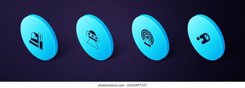 Set Isometric Comet falling down fast, Radar, UFO flying spaceship and Astronaut helmet icon. Vector