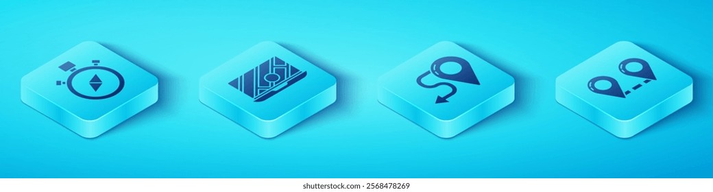 Set Isometric Compass, City map navigation, Route location and Route location icon. Vector