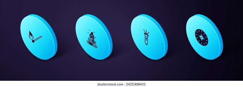 Set Isometric Compass, Flashlight, Campfire and Burning match with icon. Vector