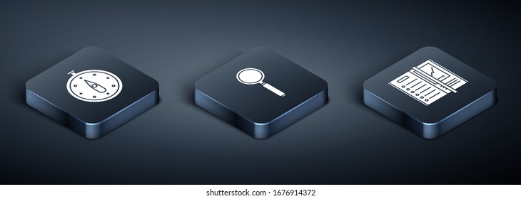 Coloque el icono de la brújula isométrica, el portátil y la luna de aumento. Vector