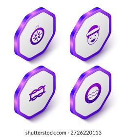 Conjunto de brújula isométrica, marinero, nudos de cuerda náutica e icono de ojo de buey. Botón hexagonal púrpura. Vector