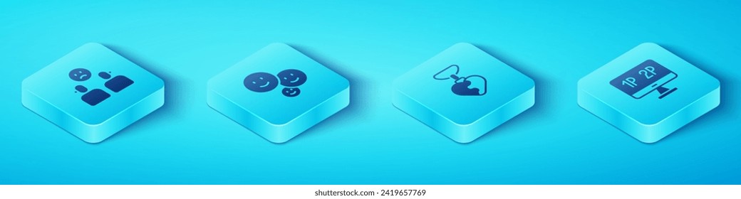 Set Isometric Complicated relationship, Happy friendship day, Computer monitor screen and Necklace with heart shaped icon. Vector