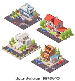 Set of isometric compositions with 3d modern city residential and public buildings isolated on white background vector illustration