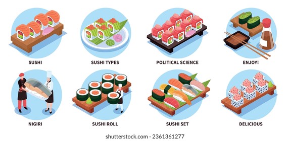 Set of isometric compositions with sushi and maki on trays and plates and tiny characters of cooks isolated vector illustration