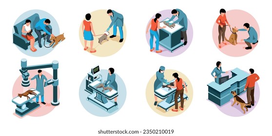 Set of isometric compositions with vets pets and owners in veterinary clinic isolated vector illustration