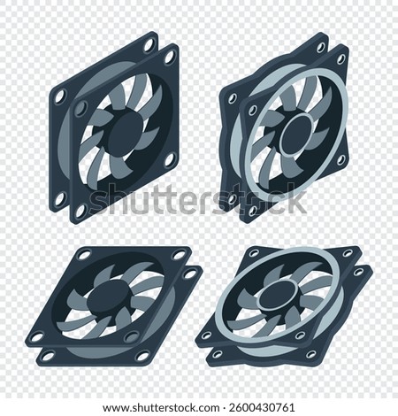 Set of isometric computer fan. Computer fan cooler. Isometric of PC case fan. Computer hardware components. Vector illustration