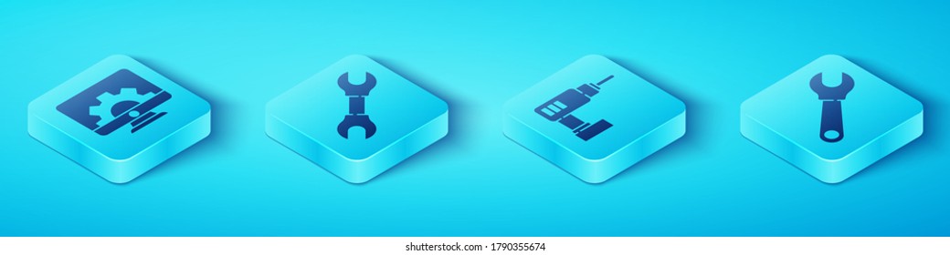 Set Isometric Computer monitor and gear, Wrench spanner, Wrench spanner and Electric drill machine icon. Vector