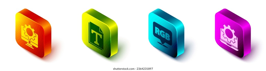Set Isometric Computer monitor and gear, Text file document, Speech bubble with RGB and CMYK and Laptop and gear icon. Vector