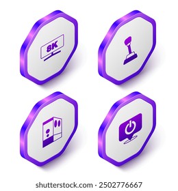 Set Isometric Computer monitor, Gear shifter, Case of computer and Power button icon. Purple hexagon button. Vector