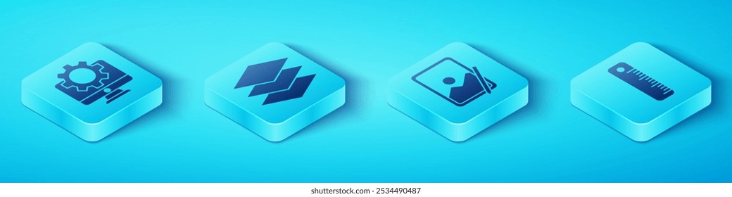 Set Isometric Computer monitor and gear, Layers, Ruler and Graphic tablet icon. Vector
