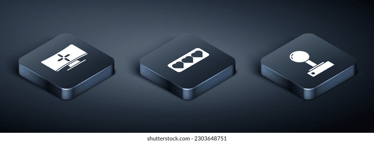 Set Isometric Computer monitor, Joystick for arcade machine and Like and heart icon. Vector