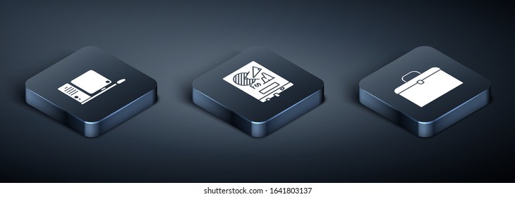 Set Isometric Computer monitor with keyboard and mouse, Briefcase and Board with graph chart icon. Vector