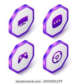 Set Isometric Computer monitor, Level game, Game controller joystick and Racing simulator icon. Purple hexagon button. Vector