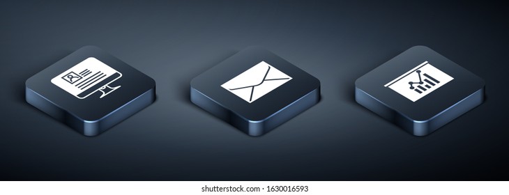 Set Isometric Computer monitor with resume, Board with graph chart and Envelope icon. Vector